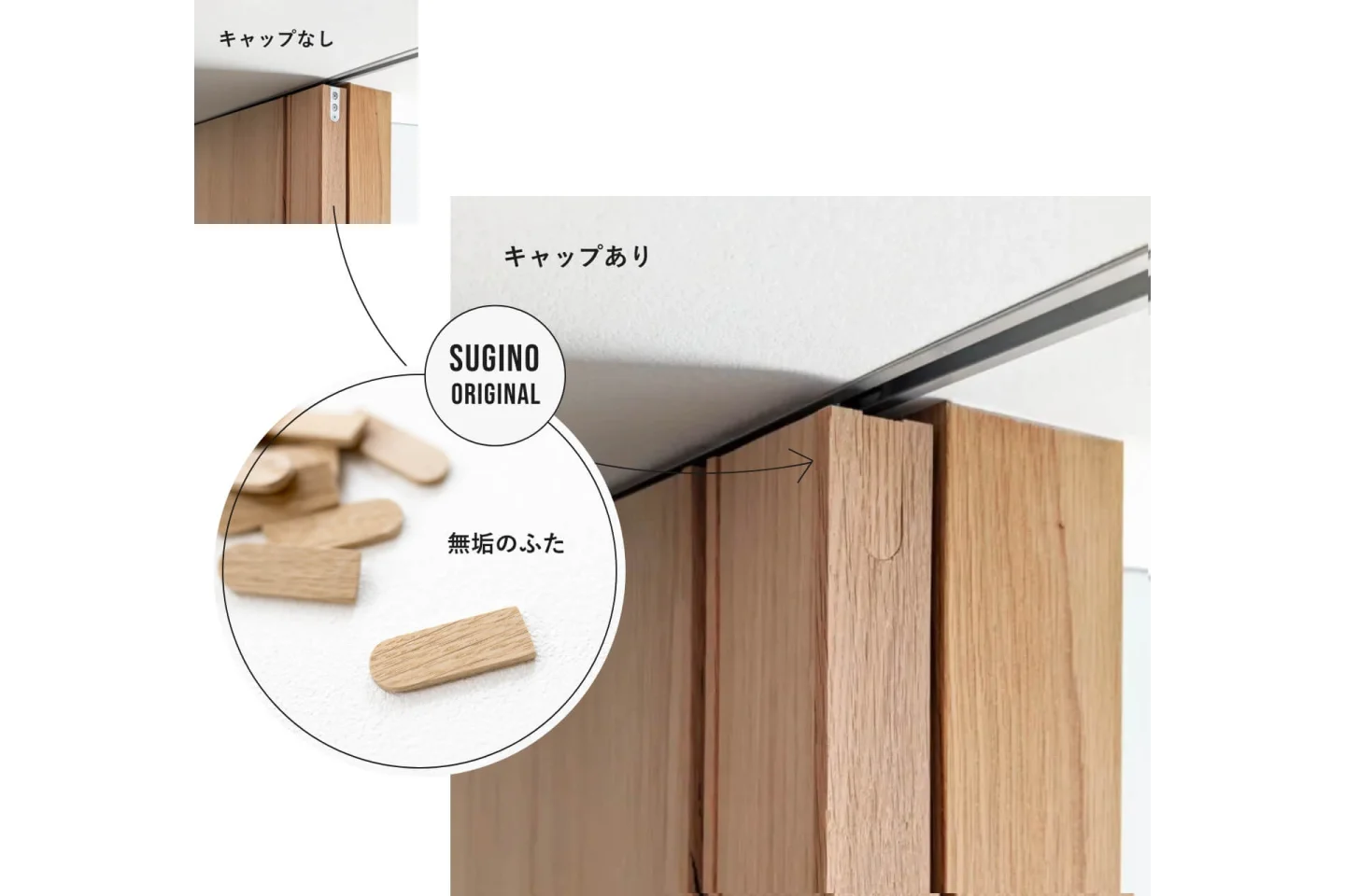 引戸の上部キャップ有無を比較したSUGINOオリジナル仕様の施工イメージ