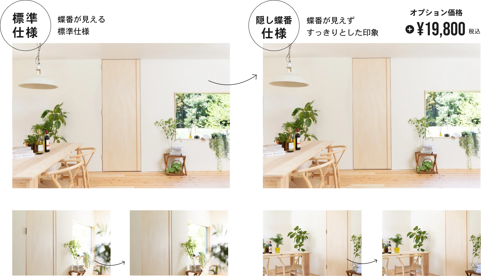 標準仕様と隠し蝶番仕様のドアを比較をした画像。隠し蝶番仕様は蝶番が見えず、すっきりとした印象